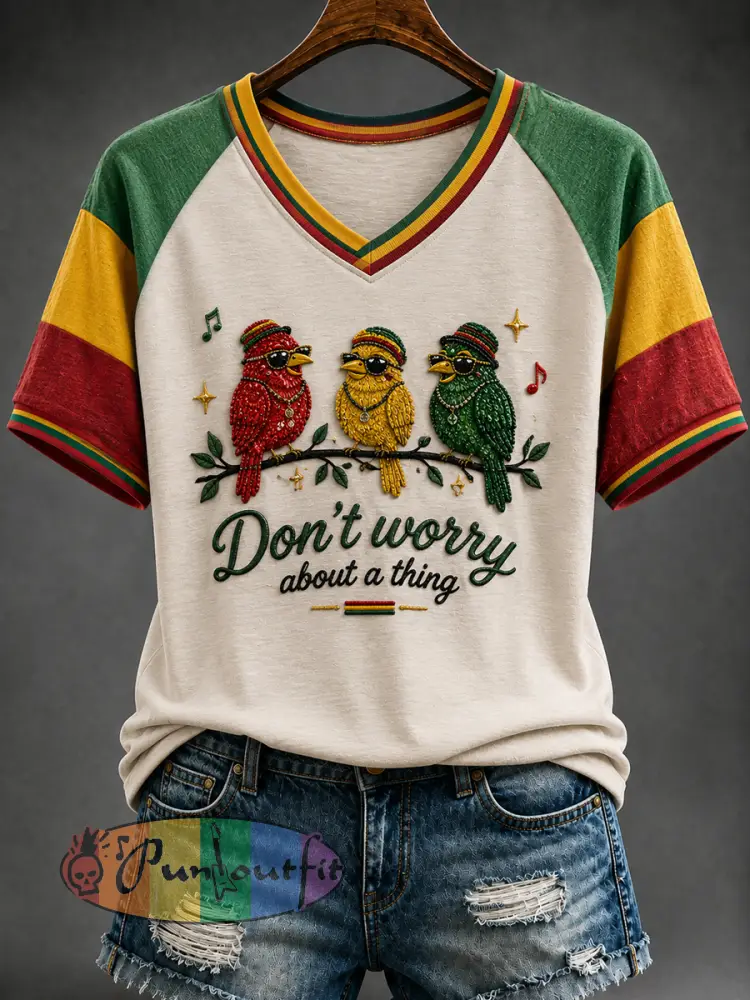 Retro Reggae Print Casual V-Neck T-Shirt - As picture · S