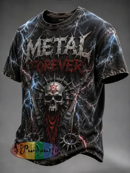 Retro Heavy Metal Lightning Art Casual T-Shirt - As picture · S