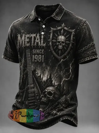 Vintage Washed Heavy Metal Rock Fan Skull Polo Shirt - As picture · S