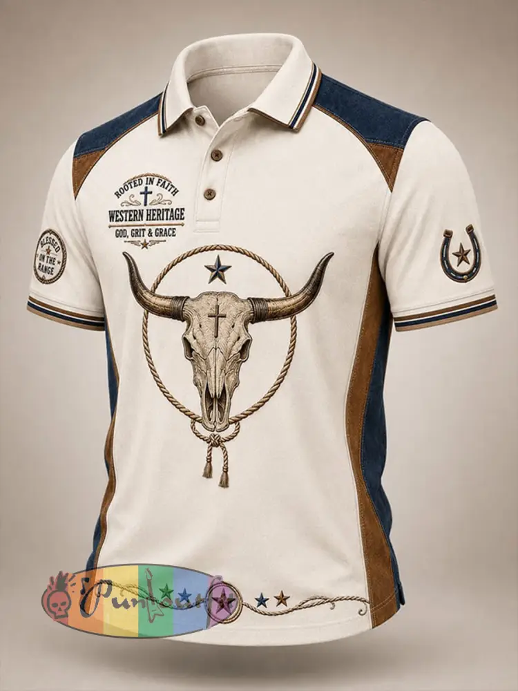 Men’s Rooted In Faith Western Bull Skull Shirt - Beige · S