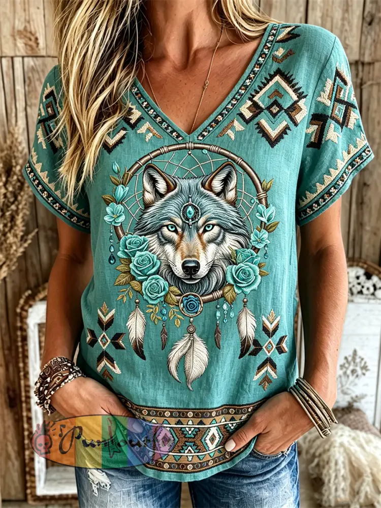 Women’s Vintage Western Wolf & Roses Dreamcatcher Ethnic Aztec Print linen short-sleeved T-shirt - Blue-Green · S