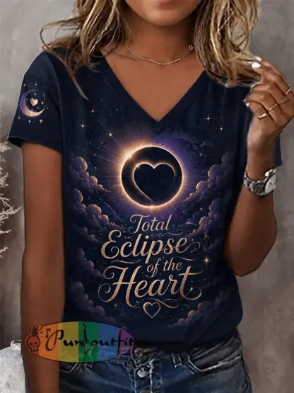 Women’s Total Eclipse Of The Heart Print Casual V-Neck Tee - Navy Blue · S