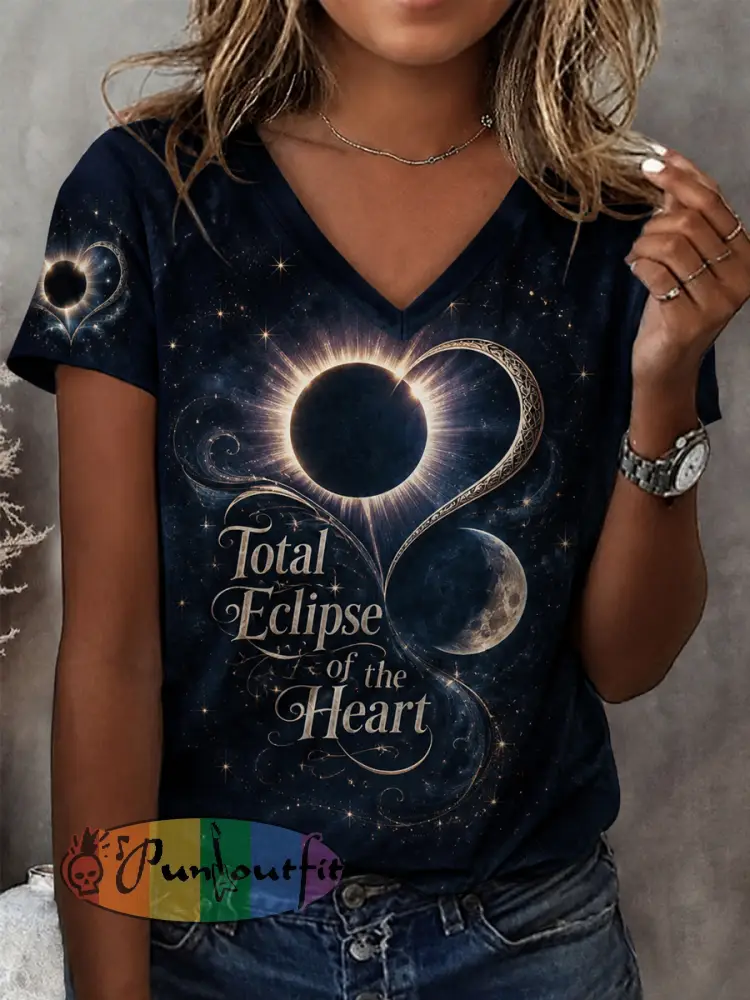 Women’s Total Eclipse Of The Heart Print Casual V-Neck Tee - Deep Blue · S