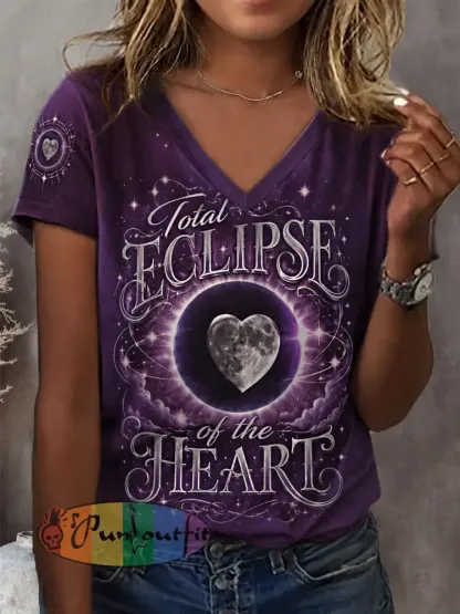 Women’s Total Eclipse Of The Heart Print Casual V-Neck Tee - Deep Purple · S