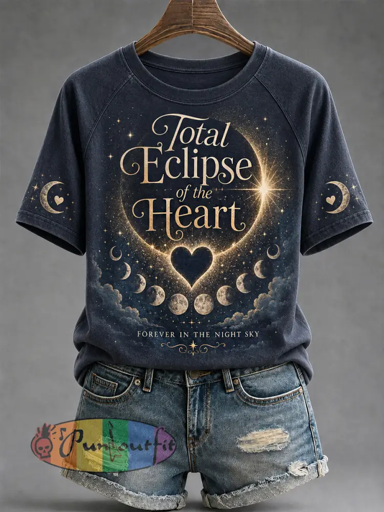 Women’s Total Eclipse Of The Heart Print Casual Tee - Navy Blue · S