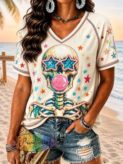Women’s Summerween V-Neck T-Shirts - Apricot · S