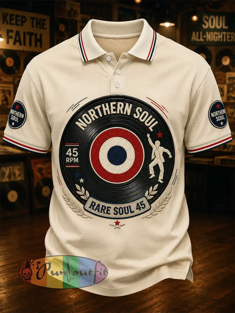 Men’s Retro Northern Soul Print Casual Polo - Apricot · S