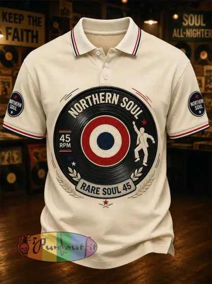 Men’s Retro Northern Soul Print Casual Polo - Apricot · S