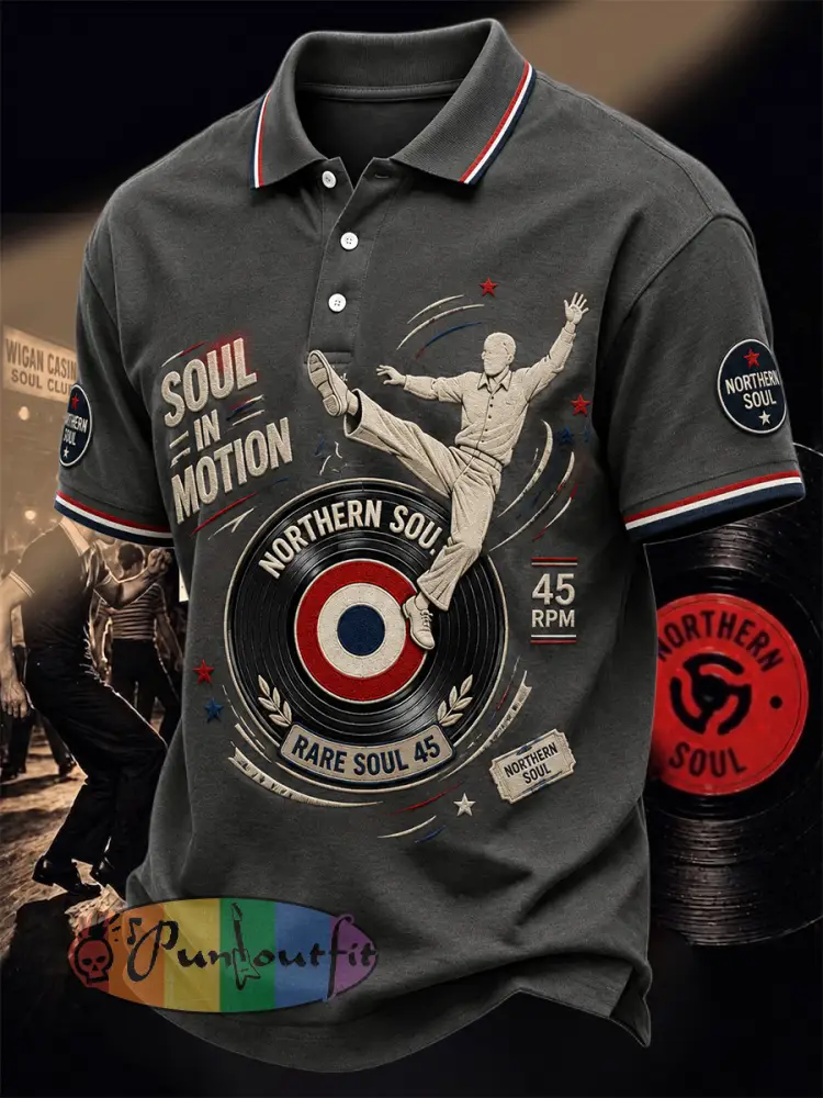 Men’s Retro Northern Soul Print Casual Polo - Dark Gray · S