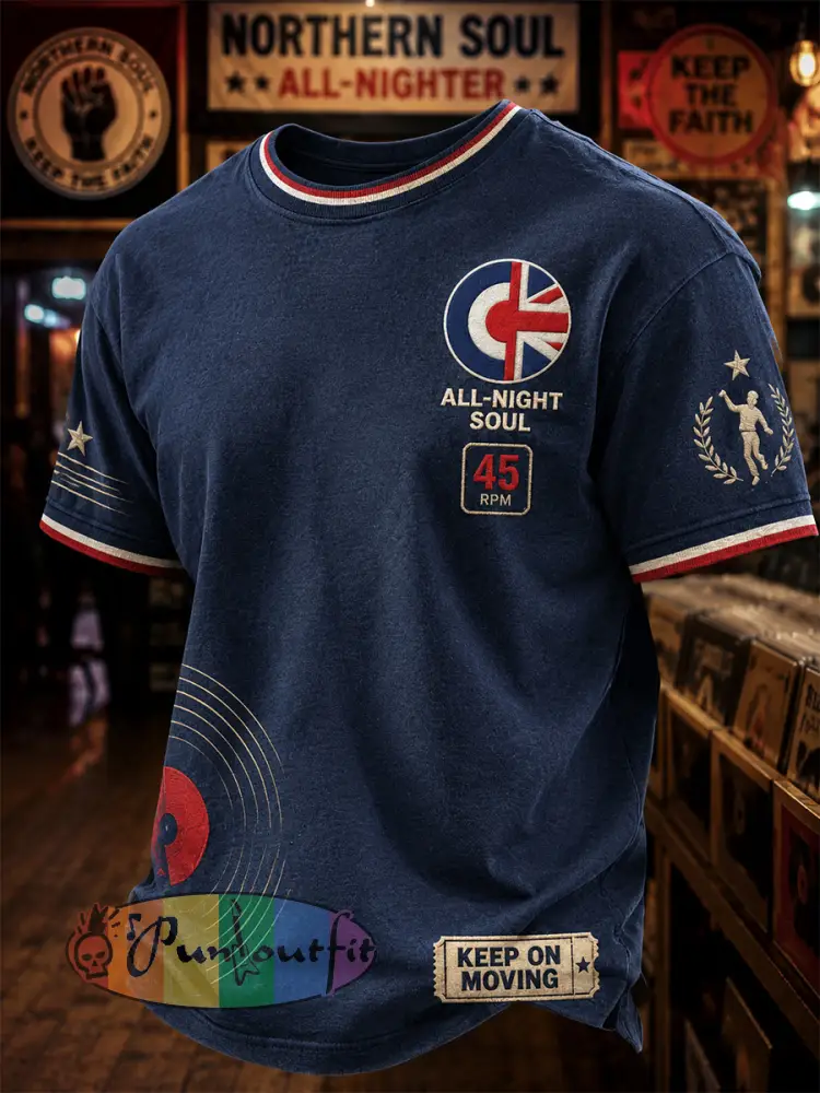 Men’s Retro Northern Soul Print Casual Tee - Deep Blue · S