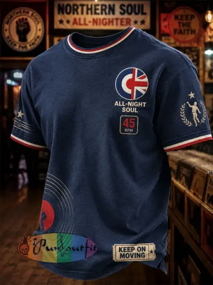 Men’s Retro Northern Soul Print Casual Tee - Deep Blue · S