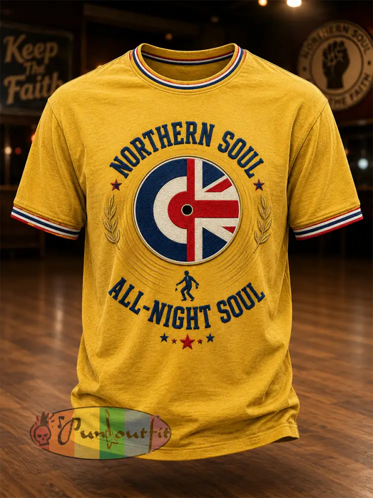 Men’s Retro Northern Soul Print Casual Tee - Yellow · S