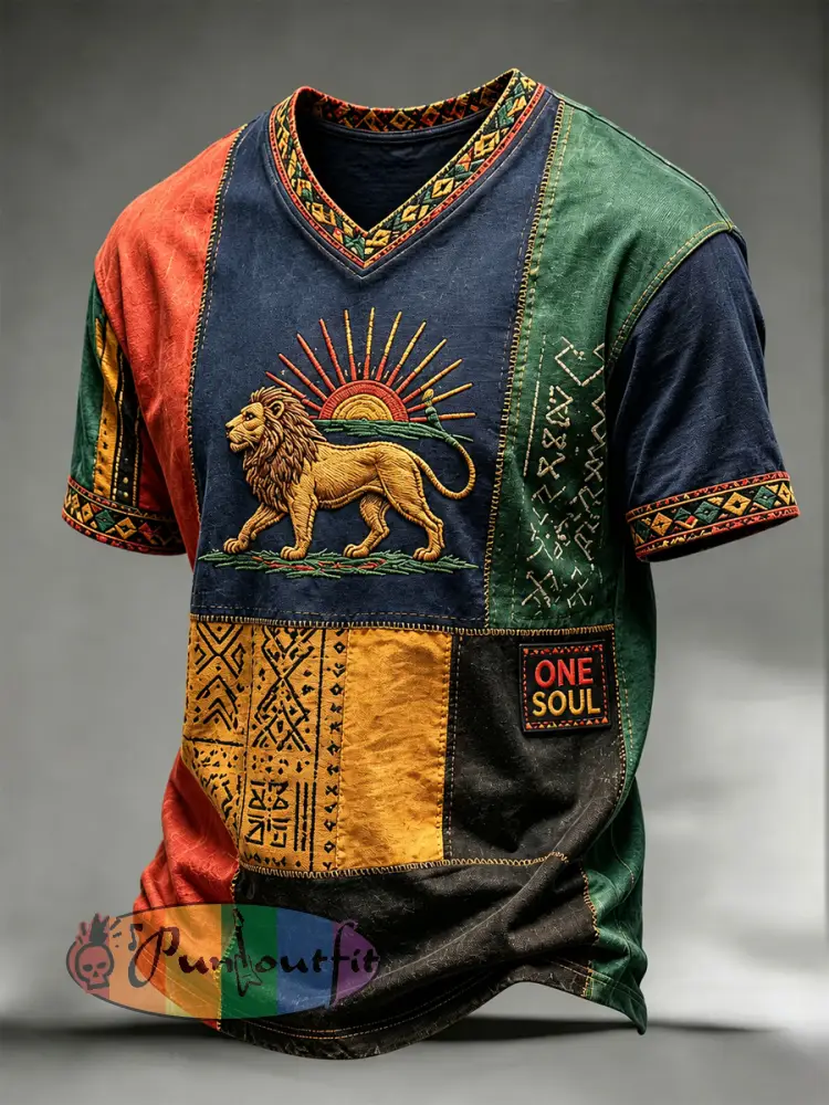 Retro Reggae Lion Patchwork Casual T-Shirt - As picture · S