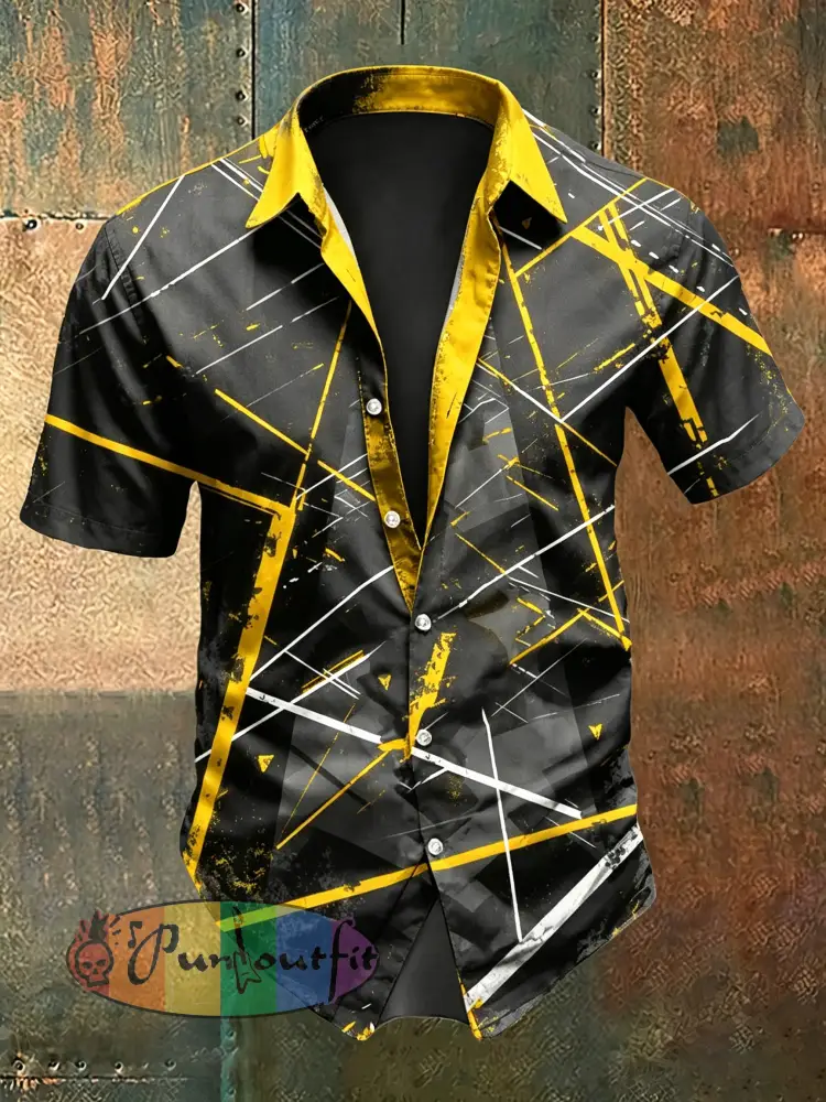 Men’s Vintage VH Guitar Lines Colourful Illustration Abstract Print Casual Cotton Short Sleeve Shirt - Yellow · S