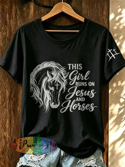 Women’s This Girl Runs On Jesus And Horses Short-sleeved T-shirt - Black · S