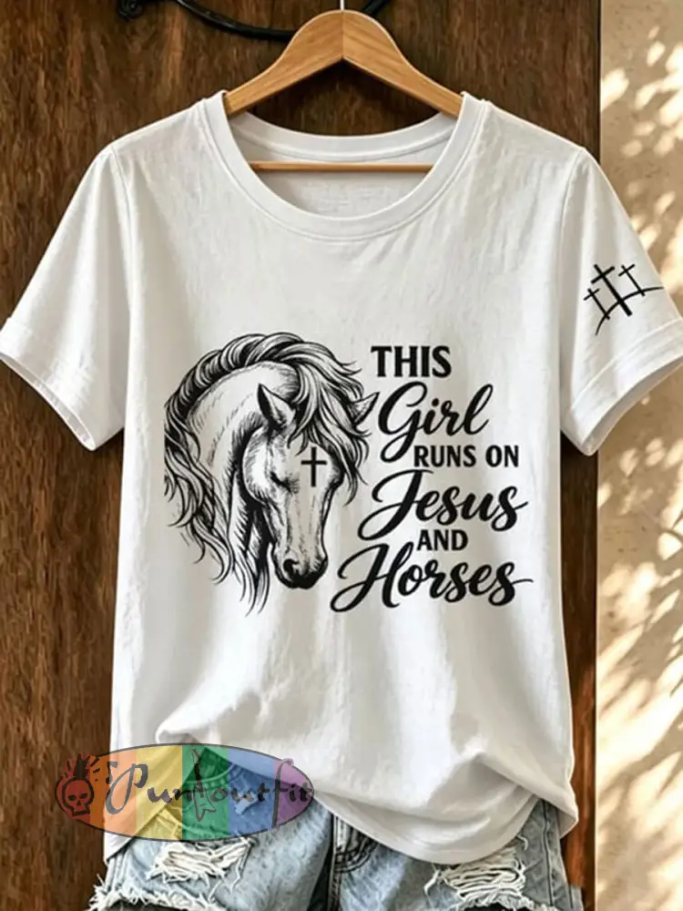 Women’s This Girl Runs On Jesus And Horses Short-sleeved T-shirt - White · S
