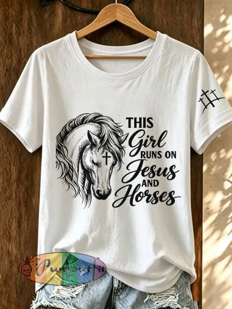 Women’s This Girl Runs On Jesus And Horses Short-sleeved T-shirt - White · S