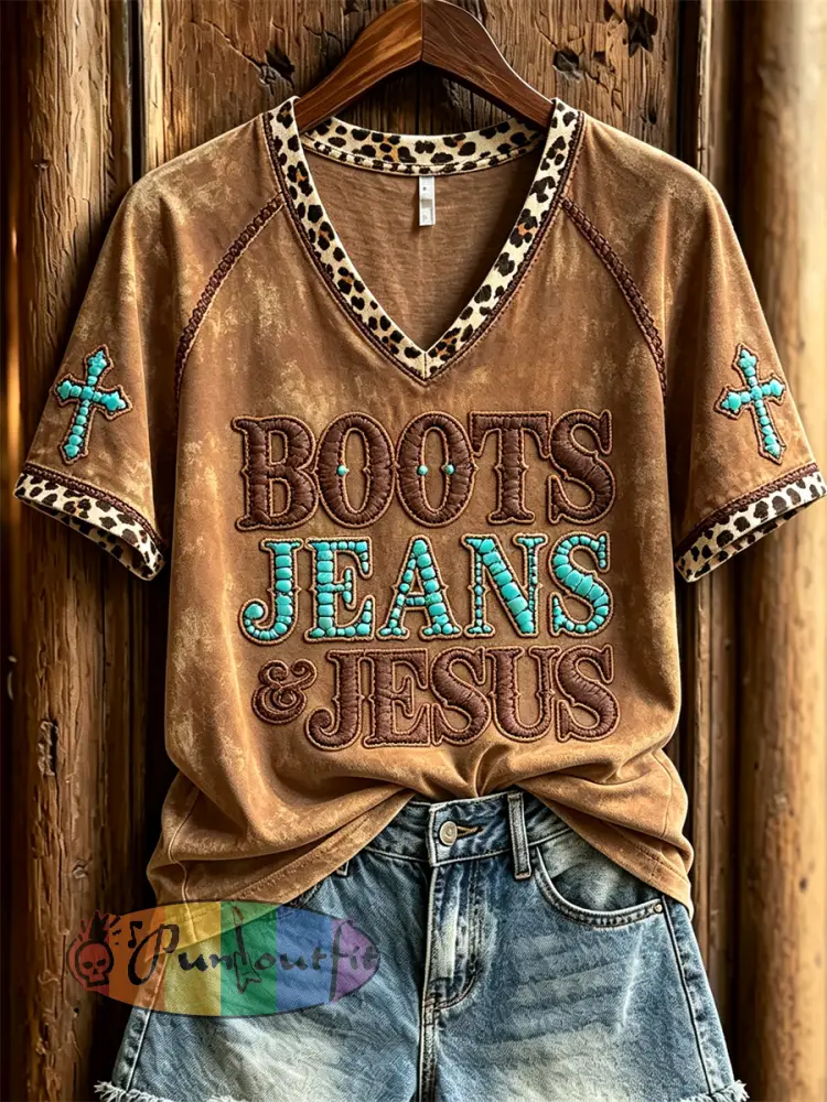 Women’s Vintage Boots Jeans & Jesus Western Cross Leopard Print short-sleeved T-shirt - Brown · S