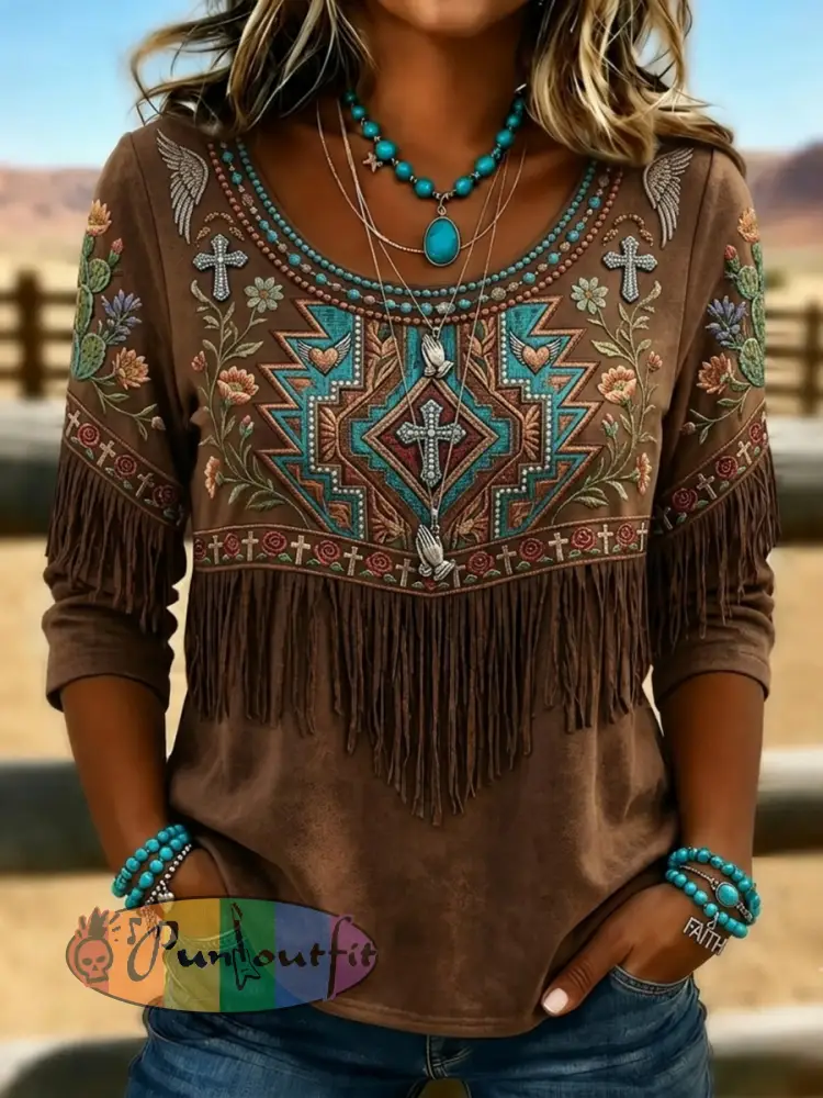 Women’s Ethnic Western Pattern Cross Print Mid-sleeved T-shirt - Dark Brown · S