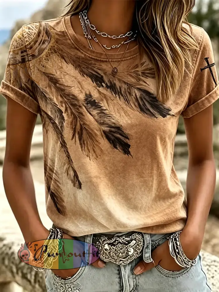 Women’s Western-style print short-sleeved T-shirt - Khaki · S