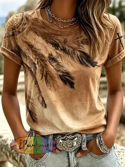 Women’s Western-style print short-sleeved T-shirt - Khaki · S