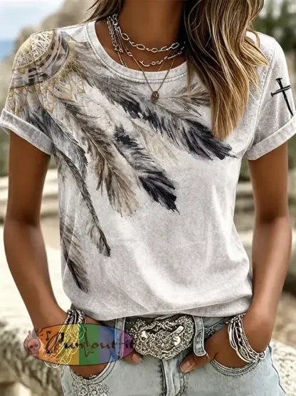 Women’s Western-style print short-sleeved T-shirt - White · S