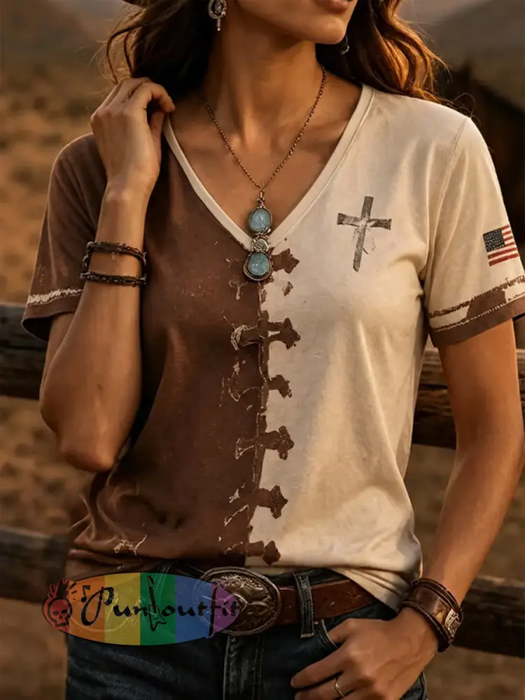 Women’s Western-style print short-sleeved T-shirt - As picture · S