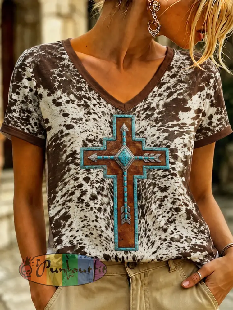 Women’s Vintage Western Faith Printed V-neck T-shirt - As picture · S