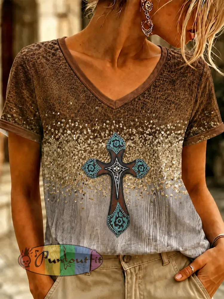 Women’s Vintage Western Faith Printed V-neck T-shirt - As picture · S
