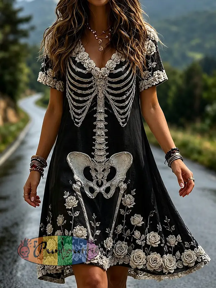 Women’s Gothic Style Skull And Rose Cotton Linen Dress - Black · S