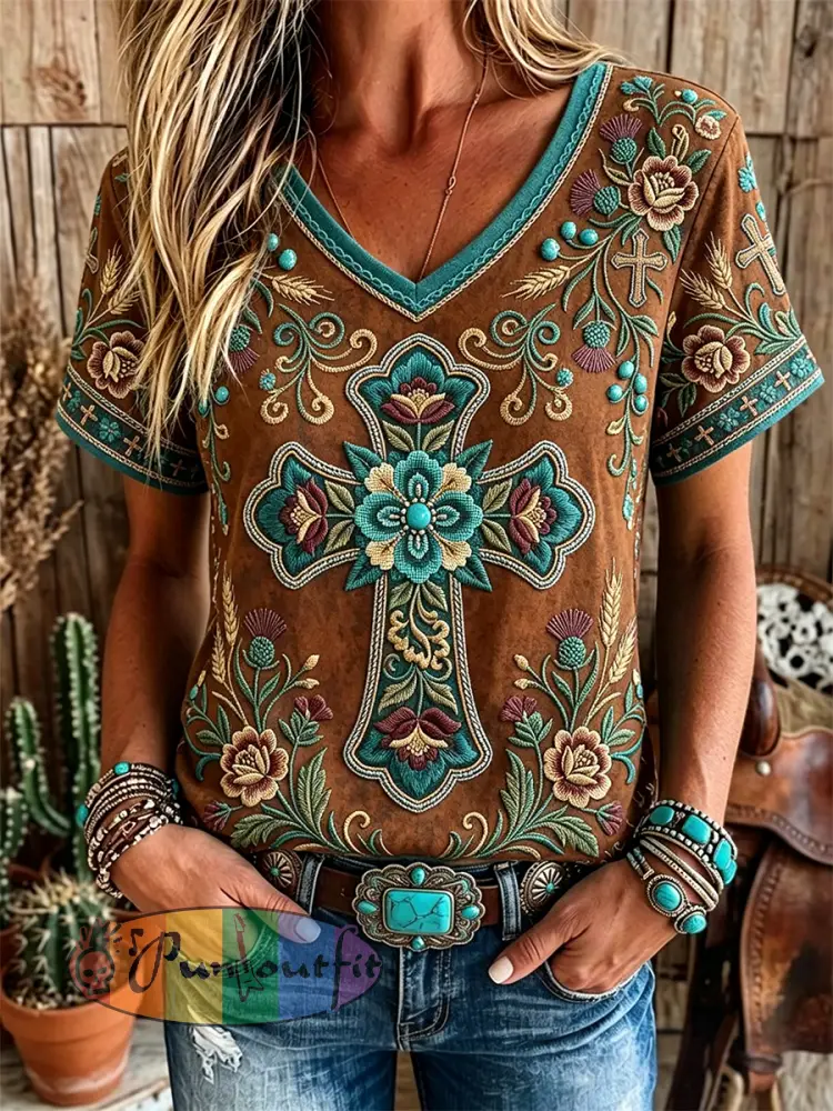 Women’s Vintage Western Floral Cross Faith Art Print Short-sleeved T-shirt - Brown · S