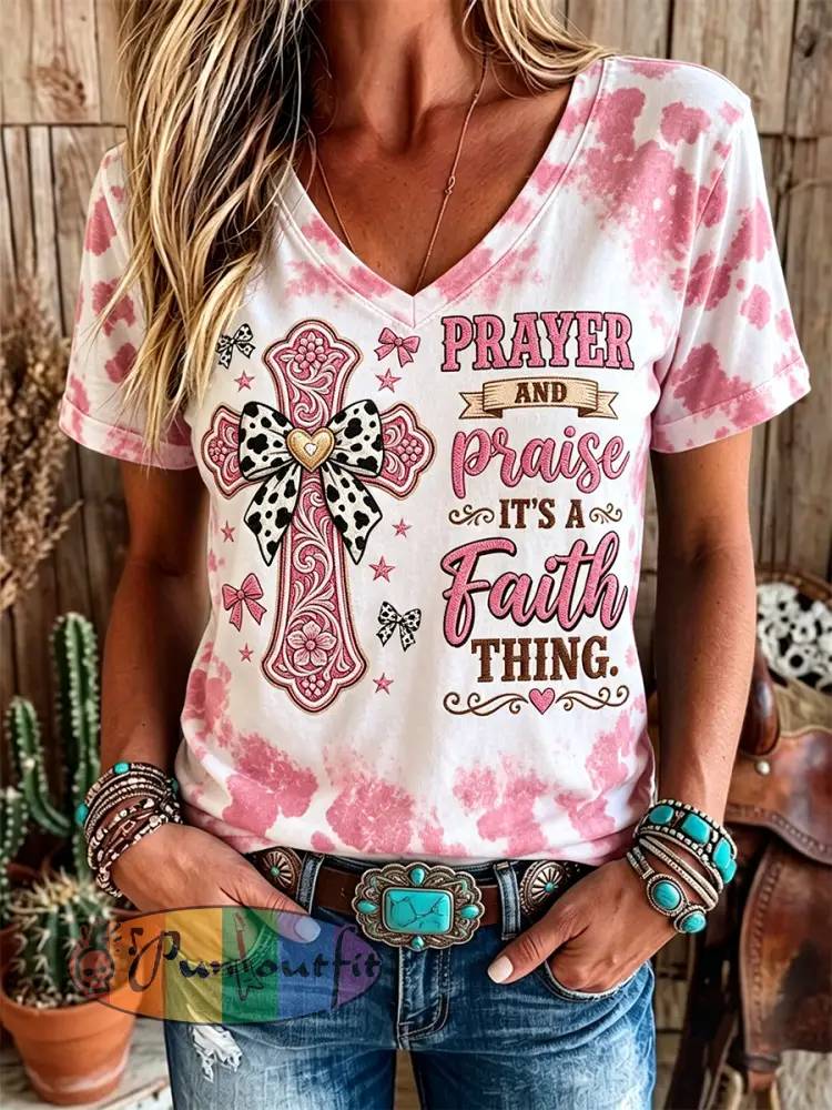 Women’s Prayer Praise Faith Western Cross Cow Print Short-sleeved T-shirt - Pink · S