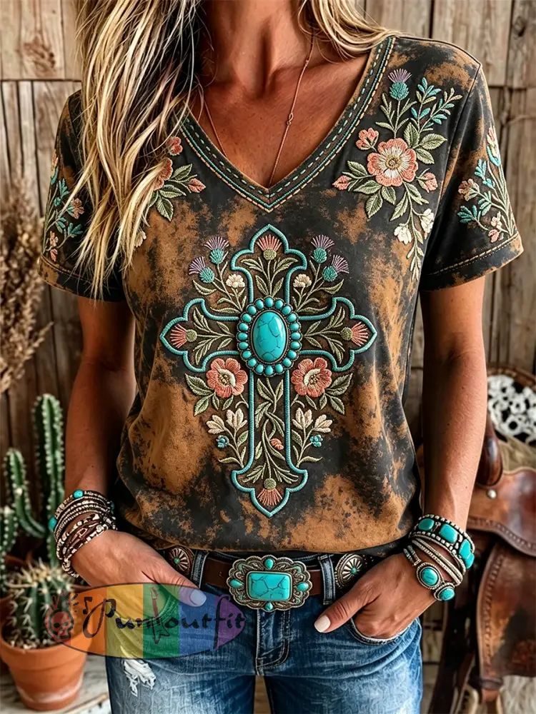 Women’s Western Turquoise Floral Cross Faith Art Print Short-sleeved T-shirt - Black-Brown · S