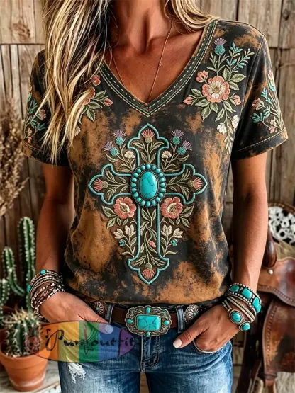 Women’s Western Turquoise Floral Cross Faith Art Print Short-sleeved T-shirt - Black-Brown · S