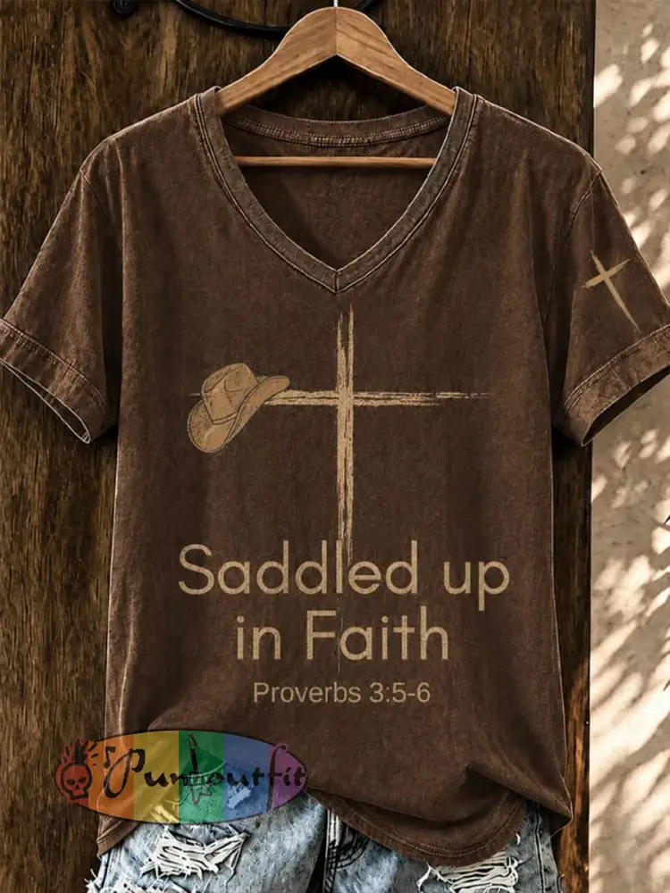 Women’s Saddled Up In Faith Short-sleeved T-shirt - Brown · S