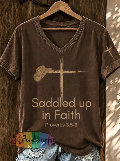 Women’s Saddled Up In Faith Short-sleeved T-shirt - Brown · S