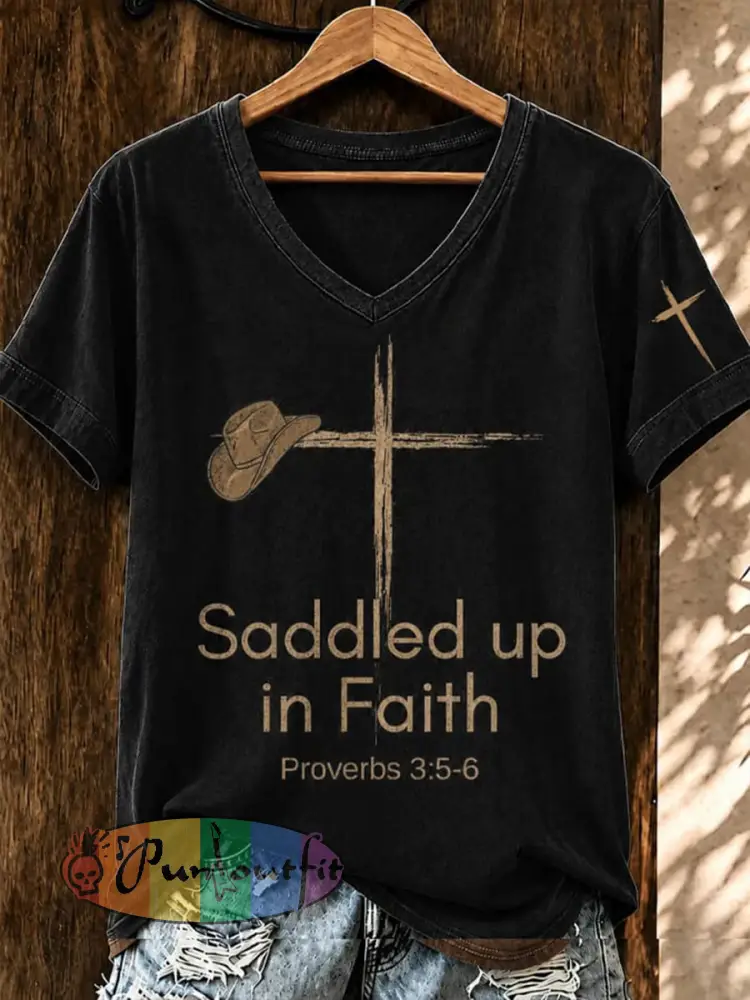 Women’s Saddled Up In Faith Short-sleeved T-shirt - Black · S