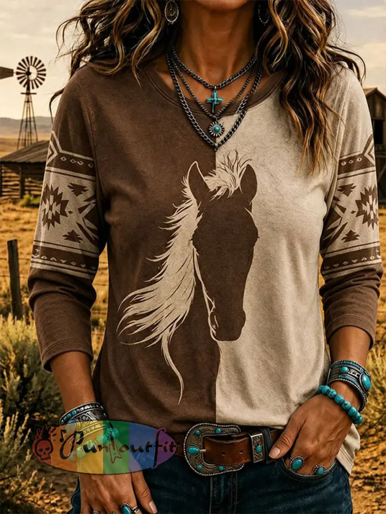 Women’s Western Horse Round Neck Long SLeeve T-shirt - As picture · S