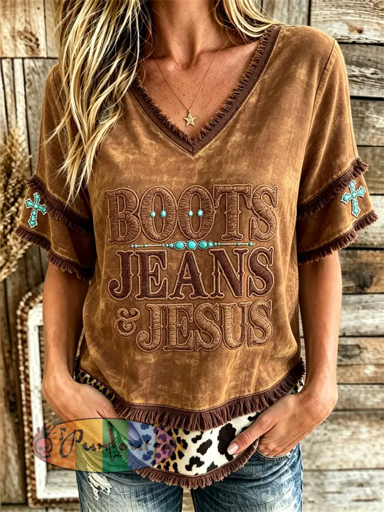 Women’s Western Boots Jeans & Jesus Turquoise Cross Print Layered Fringe Trim Cotton-Linen Shirt - Brown · S