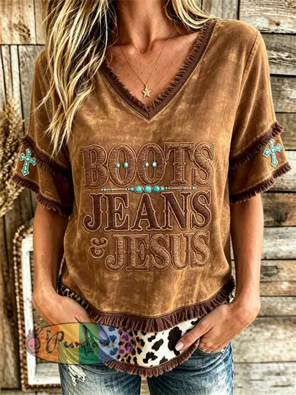 Women’s Western Boots Jeans & Jesus Turquoise Cross Print Layered Fringe Trim Cotton-Linen Shirt - Brown · S