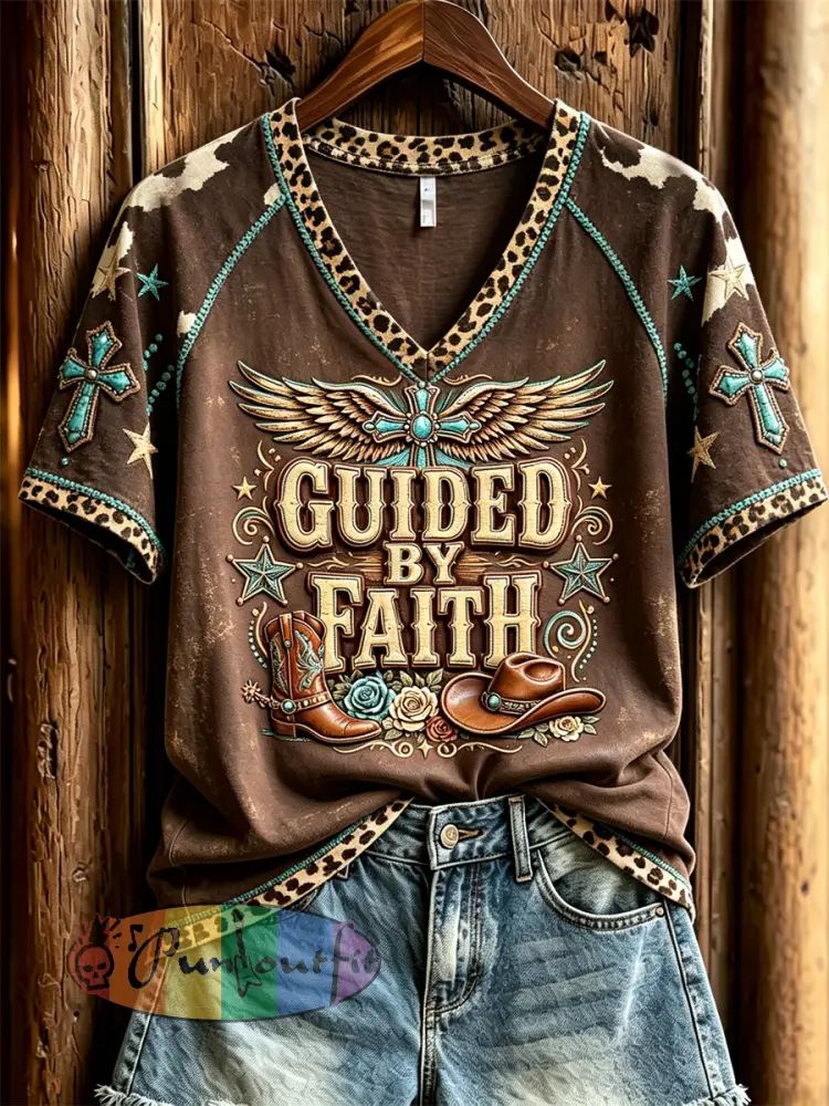 Women’s Vintage Guided By Faith Western Print short-sleeved T-shirt - Brown · S