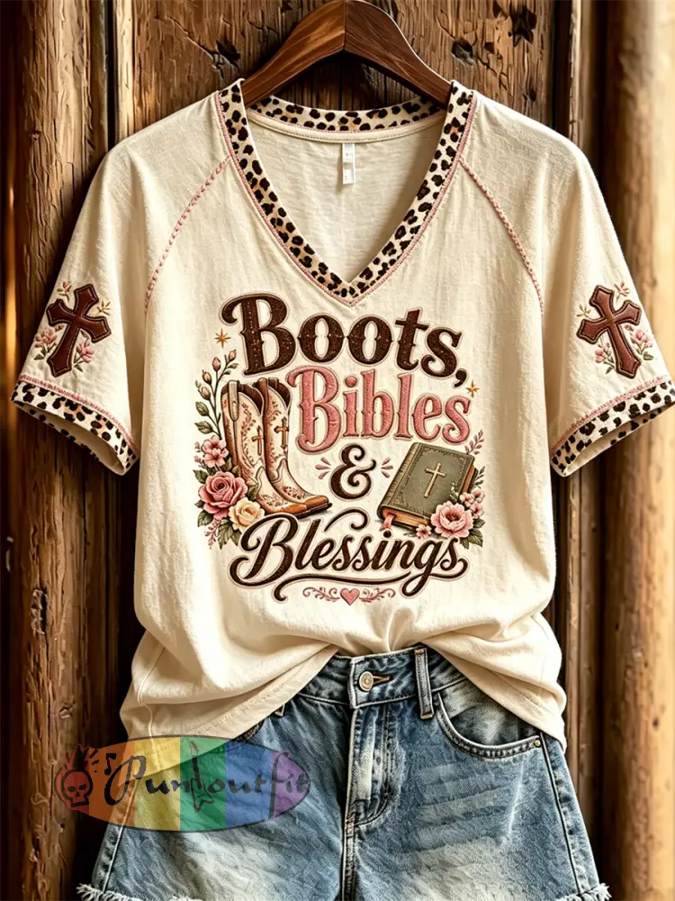 Women’s Vintage Boots Bibles & Blessings Western Print short-sleeved T-shirt - Beige · S