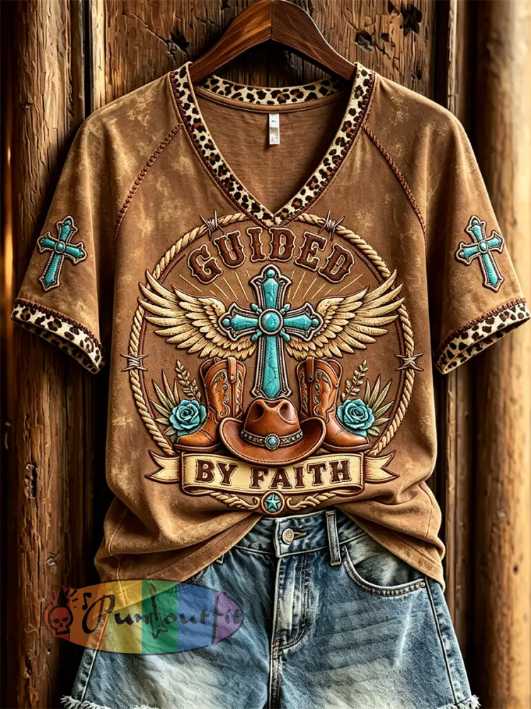 Women’s Vintage Guided By Faith Western Print short-sleeved T-shirt - Brown · S