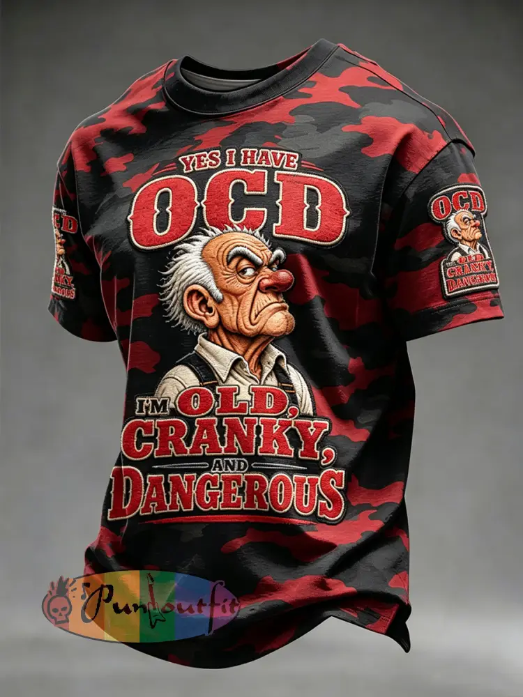 Men’s Grumpy Old Man Printed Vintage Fashion Loose Short Sleeve T-Shirt - Red · S