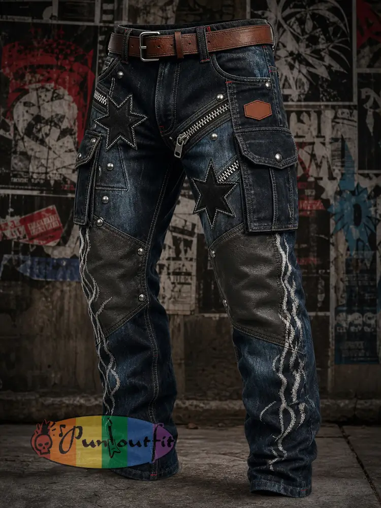 Men’s Retro Punk-Rock Graphic Print Casual Cargo Pants - A · S