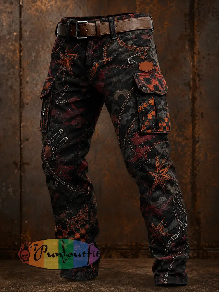 Men’s Retro Vacation Business Art Print Casual Workwear Trousers - A · S