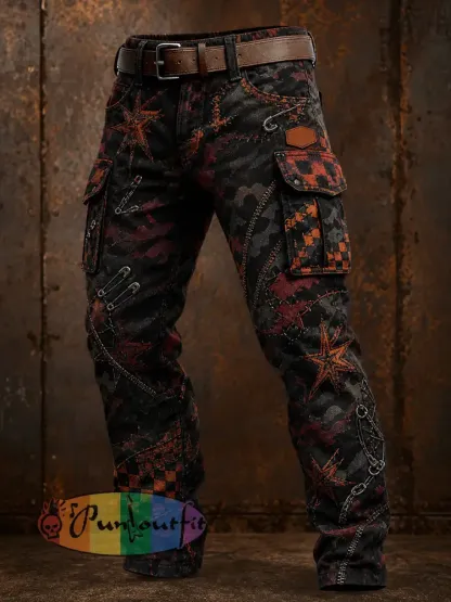 Men’s Retro Vacation Business Art Print Casual Workwear Trousers - A · S