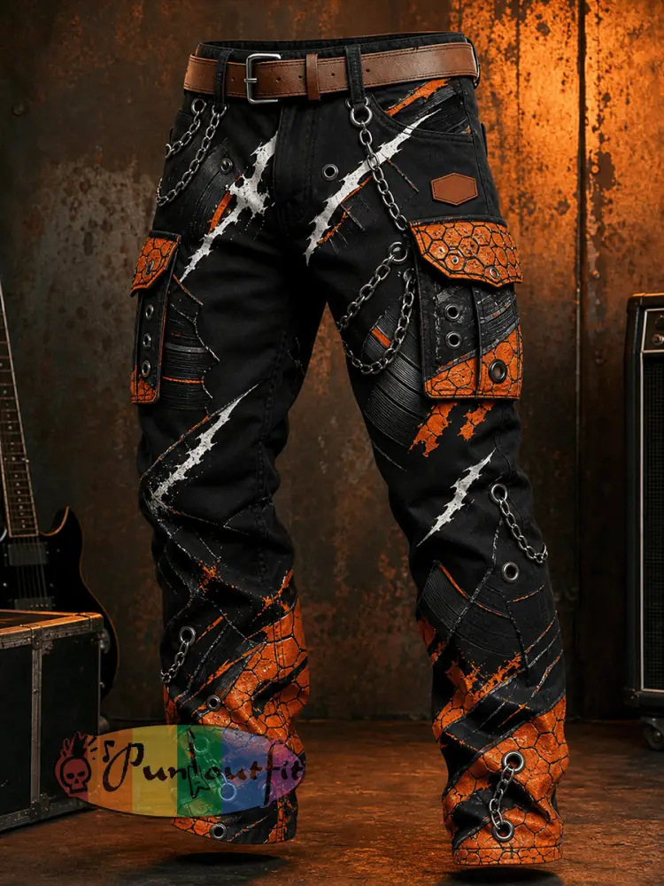 Men’s Retro Punk-Rock Graphic Print Casual Cargo Pants - A · S