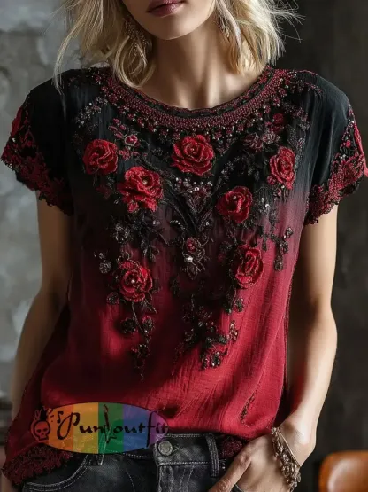 Women’s Gothic Rose Floral Cotton Linen Shirt - Red · S
