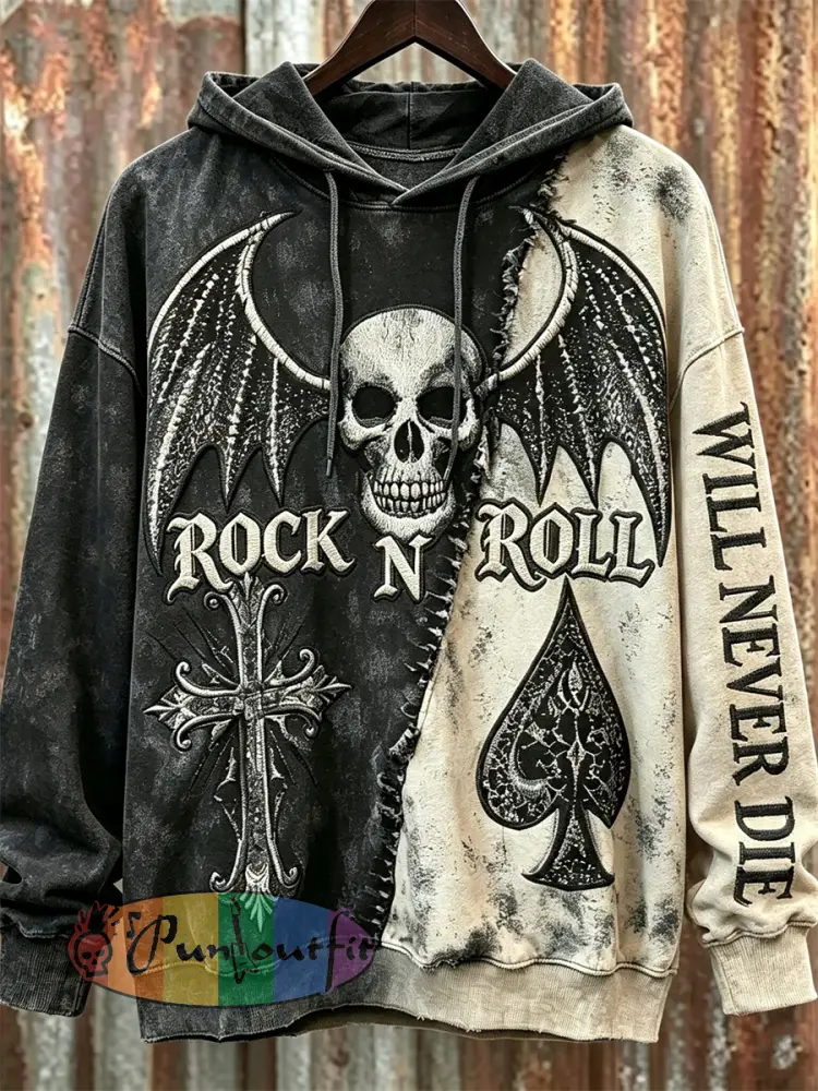Men’s Rock N Roll Will Never Die Skull with Wings Contrast Print Oversized Hoodie - Black · S